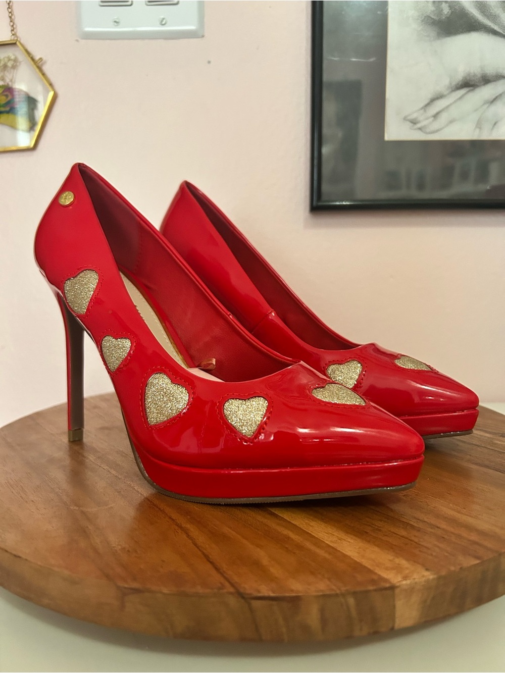 Juicy Couture Red Patent Pumps with Gold Heart Accents